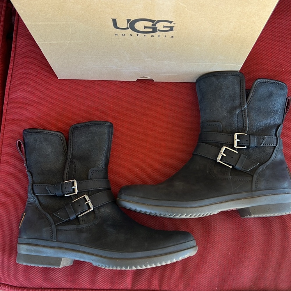 UGG Black Combat & Moto Boots with Buckle Straps and Mid-Calf Height - Picture 3 of 6